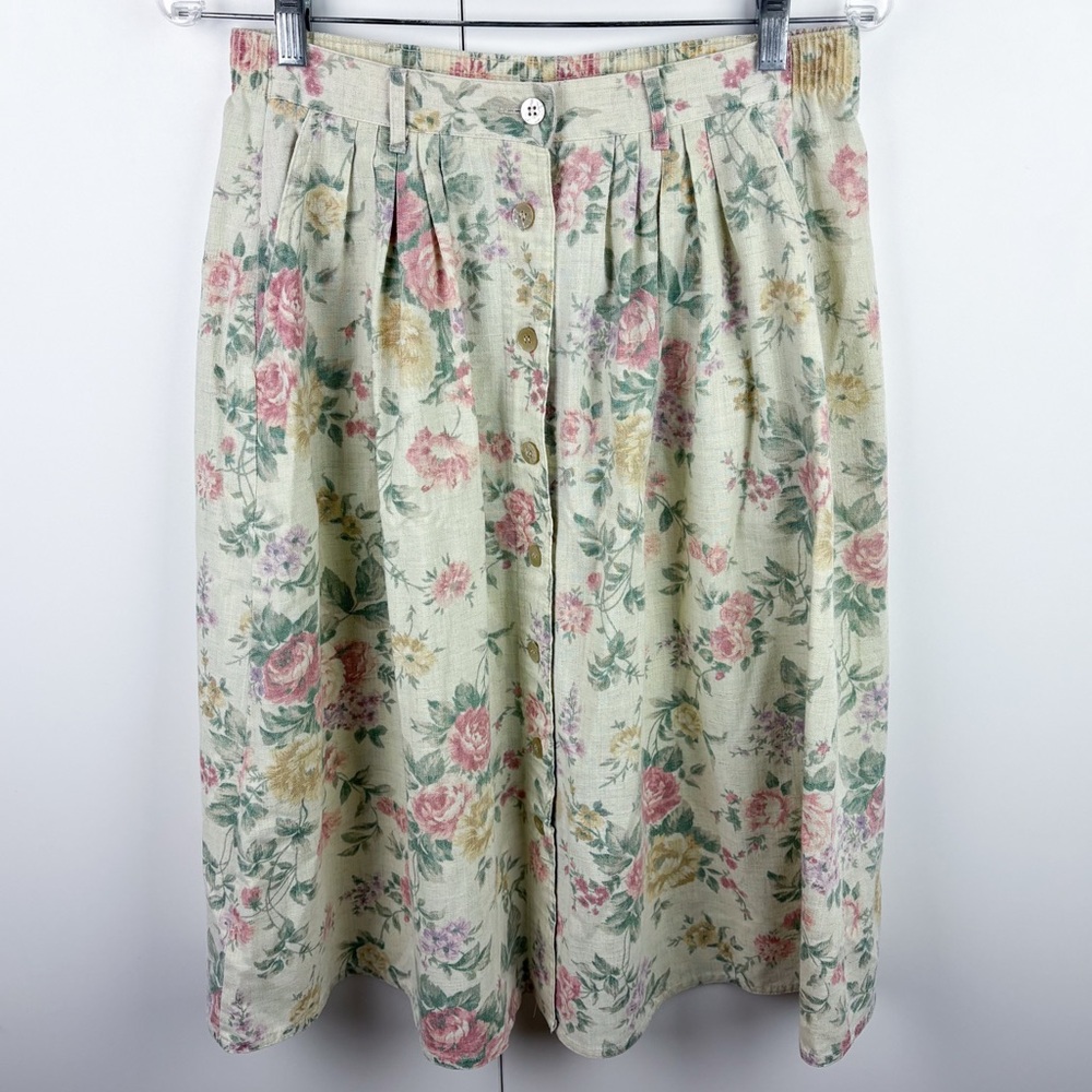 Vintage Floral Midi Skirt in Cream, Pink, Green